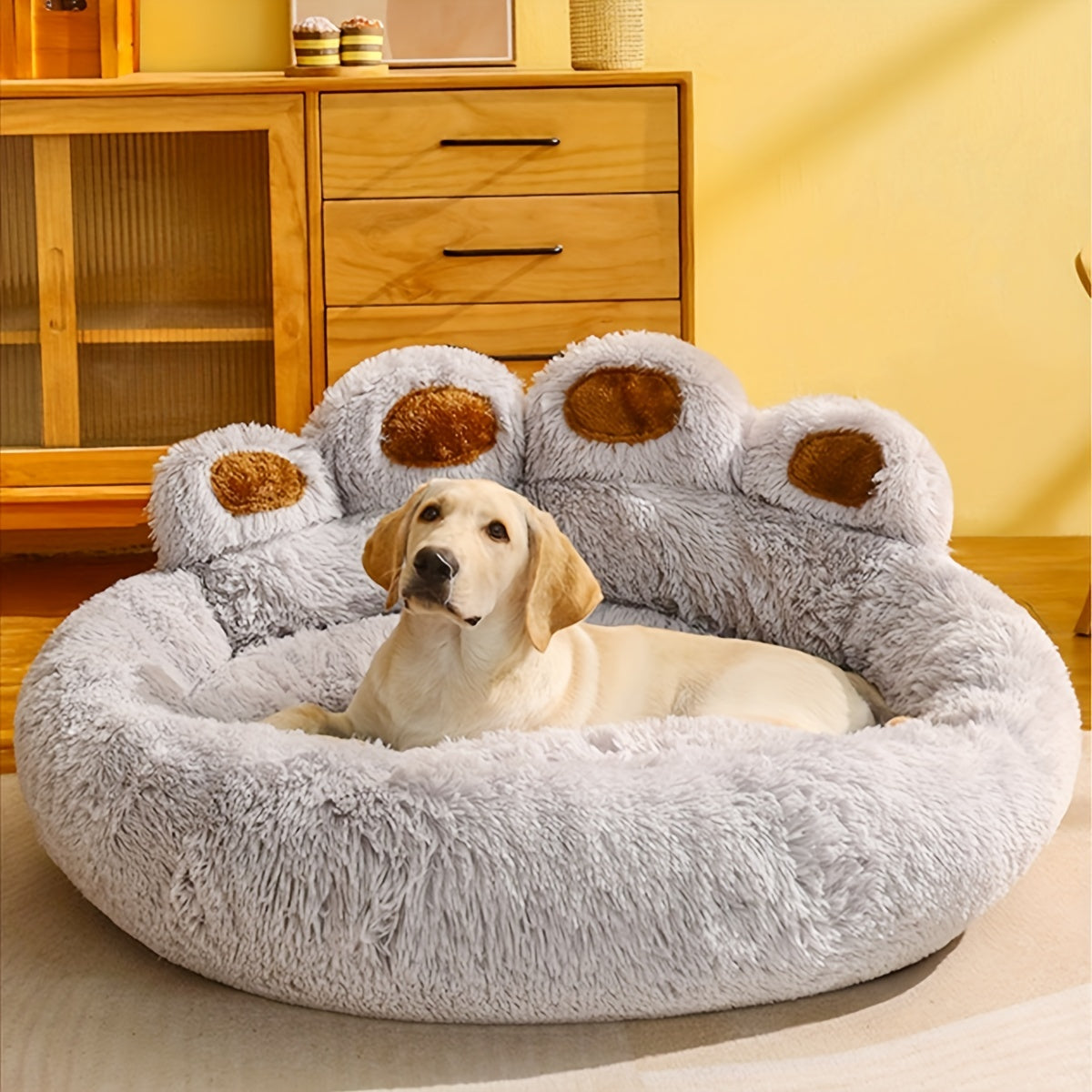 Canapé de Sommeil pour Animaux Domestiques en Peluche Douce et Longue pour Chien et Chat avec Couette Chaud pour l'Hiver